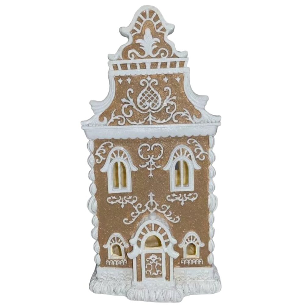 Christmas Light Tan Brown Victorian 14" LED Hand Painted Gingerbread House NEW